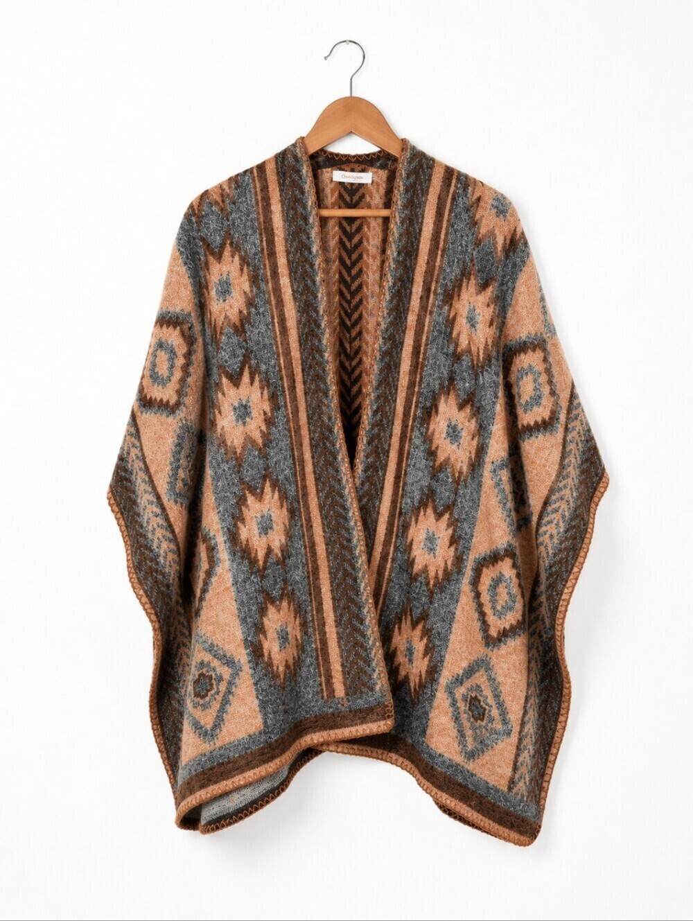 Aztec Open-Front Poncho in Rust and Gray - Picture 2 of 8